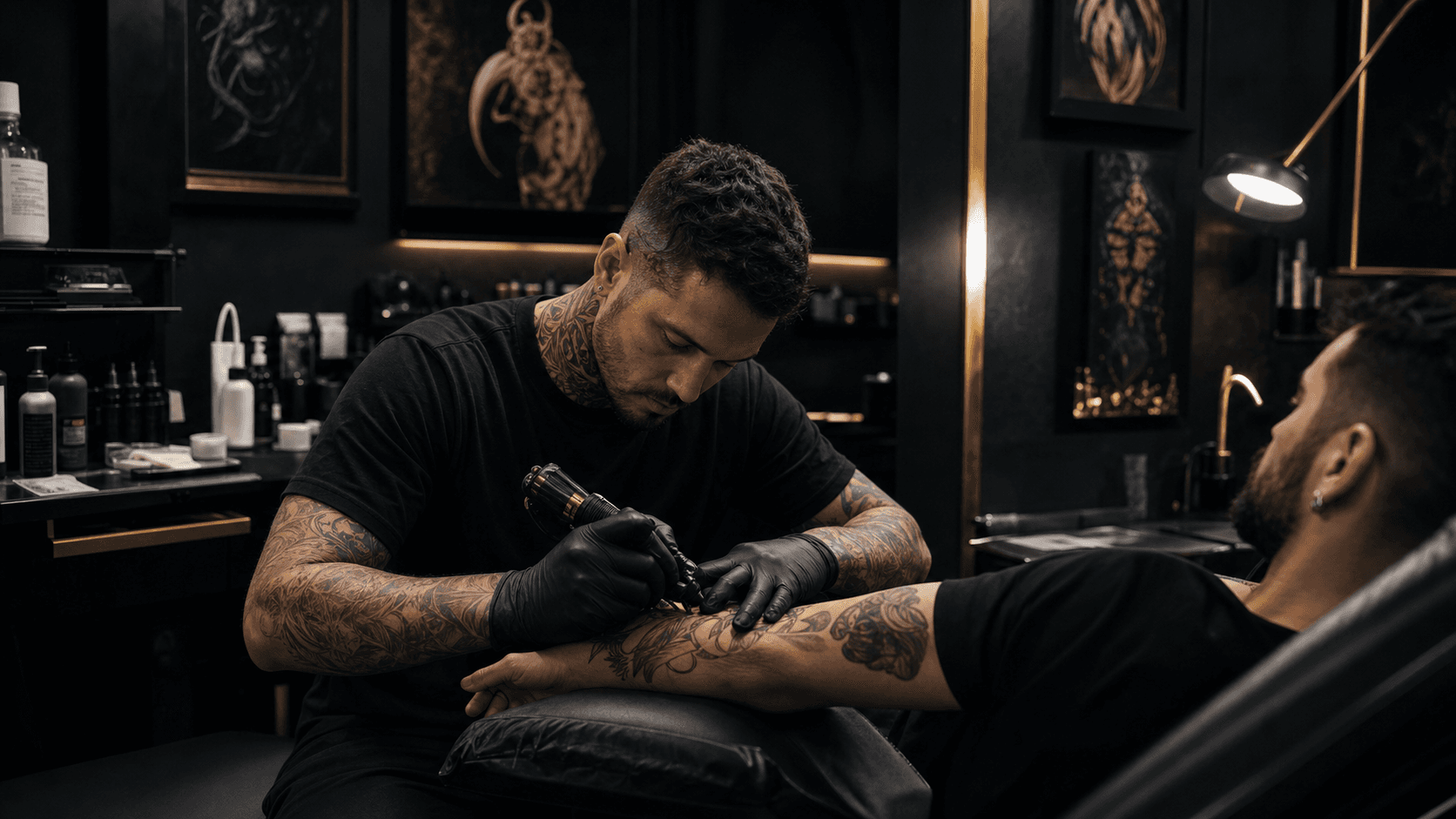 Tatuador trabalhando em um estúdio premium escuro